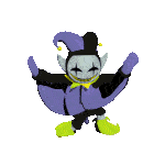 a cartoon character in a purple and black outfit with a yellow bow tie