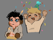 a drawing of a boy with a birthday cake on his face and another boy wearing a party hat