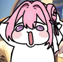 a cartoon of a girl with pink hair and purple eyes making a surprised face