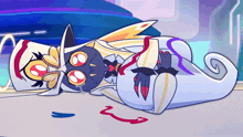 a cartoon character is laying on the ground with a purple arrow pointing to the right