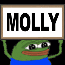 a frog holding a sign that says molly