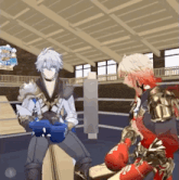 two anime characters in a boxing ring with one wearing boxing gloves that say ' samurai ' on them