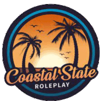 the logo for coastal state roleplay is a circle with palm trees and a shark .