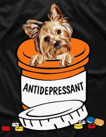 a small dog is peeking out of a bottle that says antidepressant