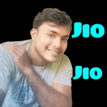 a smiling young man with the word jio on the bottom