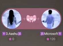 a man and a woman are standing next to each other with their names displayed