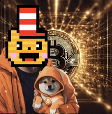 a man holding a dog in front of a coin that says bitcoin