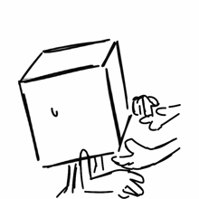 a black and white drawing of a person standing next to a box