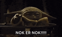 a close up of a stuffed animal with the words `` nok er nok '' written next to it .