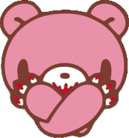 a pink teddy bear with blood coming out of its eyes is covering its face .