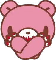 a pink teddy bear with blood coming out of its eyes is covering its face .