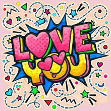 a colorful drawing of the word love with hearts around it