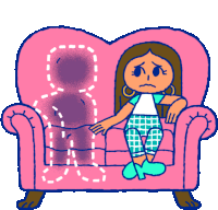 a cartoon of a woman sitting on a pink couch with a ghost behind her