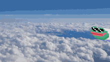 a pixel art of a frog with sunglasses flying through the clouds