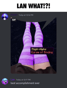 a picture of a person wearing purple thigh highs with the caption lan what