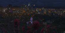 a night time view of a city from a hill with flowers in the foreground