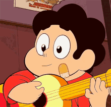 a cartoon character is playing a guitar in front of a poster that says ' steven universe ' on it .