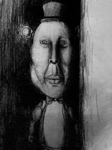 a black and white drawing of a man wearing a top hat and a bow tie .