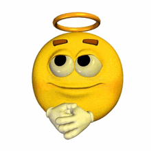 a yellow cartoon smiley face with a halo on his head