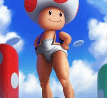 a toad is wearing a diaper and smiling while standing in a field .