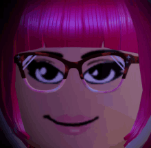 a close up of a girl 's face with pink hair and glasses