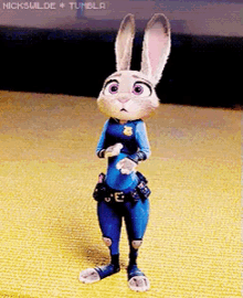 judy hopps from zootopia is standing on a yellow rug