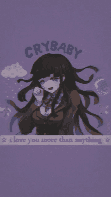 a purple background with a picture of a girl and the words crybaby i love you more than anything