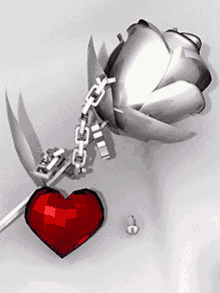 a silver rose is chained to a red heart with a key