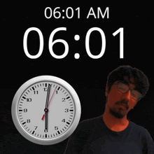 a clock displays the time of 06:01 am