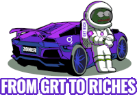 a cartoon of an astronaut standing next to a purple car with the words from grt to riches below him