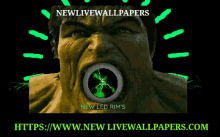 an advertisement for new livewallpapers shows a hulk with a tire in his mouth