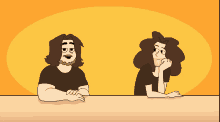 a cartoon of a man and a woman sitting at a table with a yellow background