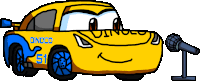 a cartoon drawing of a yellow and blue dinoco car