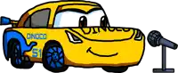 a cartoon drawing of a yellow and blue dinoco car