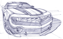 a black and white drawing of a car with a shadow on the ground