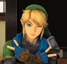 a close up of a video game character making a peace sign with his fingers .