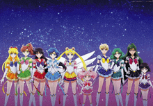 a group of sailor moon characters are standing in a row