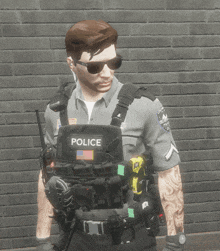 a police officer is wearing sunglasses and a vest that says police on it