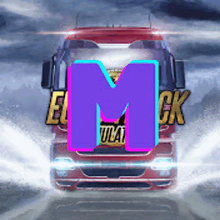 a red truck with a purple letter m on the front of it