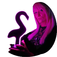 a woman with pink hair holds a flamingo shaped object