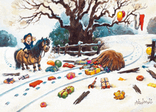 a painting of a boy riding a horse in the snow with the word christmas written on the bottom