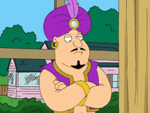 a cartoon character wearing a purple turban stands with his arms crossed in front of a house