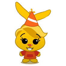 a yellow cartoon bunny wearing a party hat and a red shirt