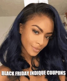 a woman with long blue hair is wearing a black friday wig .