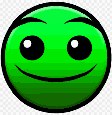 a green smiley face with big black eyes and a smile