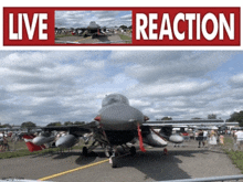 a fighter jet sits on a runway under a live reaction banner