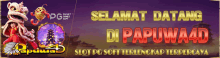 a purple banner with a lion and the words " selamat datang di papuwa4d slot pg soft terlengkap terpercaya "