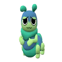 a blue and green cartoon caterpillar with a sad look on its face