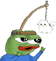 a cartoon frog is fishing with a white cat hanging from a pole