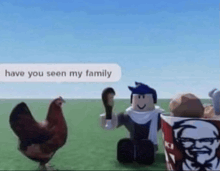 a chicken is standing next to a kfc bucket and a roblox character holding a snake .